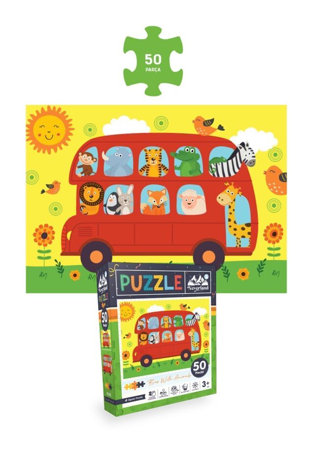 4'lü Çocuk Puzzle - 24 P. Sevimli Dinozorlar Ve Çiftlik Hayvanları Ve 50 P. Otobüs Ve Ay Hayvanları