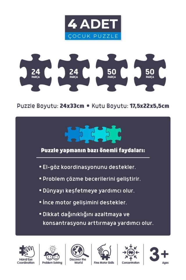 4'lü Çocuk Puzzle - 24 P. Sevimli Dinozorlar Ve Çiftlik Hayvanları Ve 50 P. Otobüs Ve Ay Hayvanları