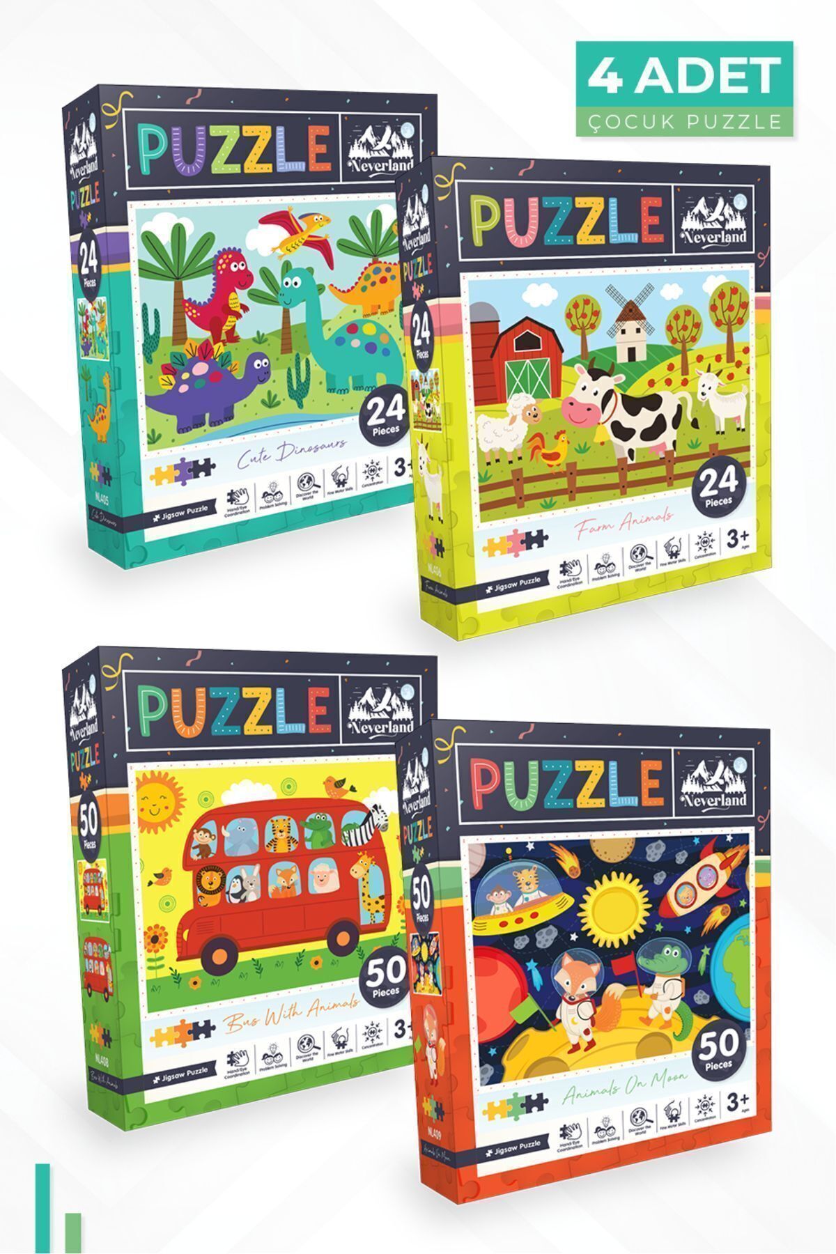 4'lü Çocuk Puzzle - 24 P. Sevimli Dinozorlar Ve Çiftlik Hayvanları Ve 50 P. Otobüs Ve Ay Hayvanları