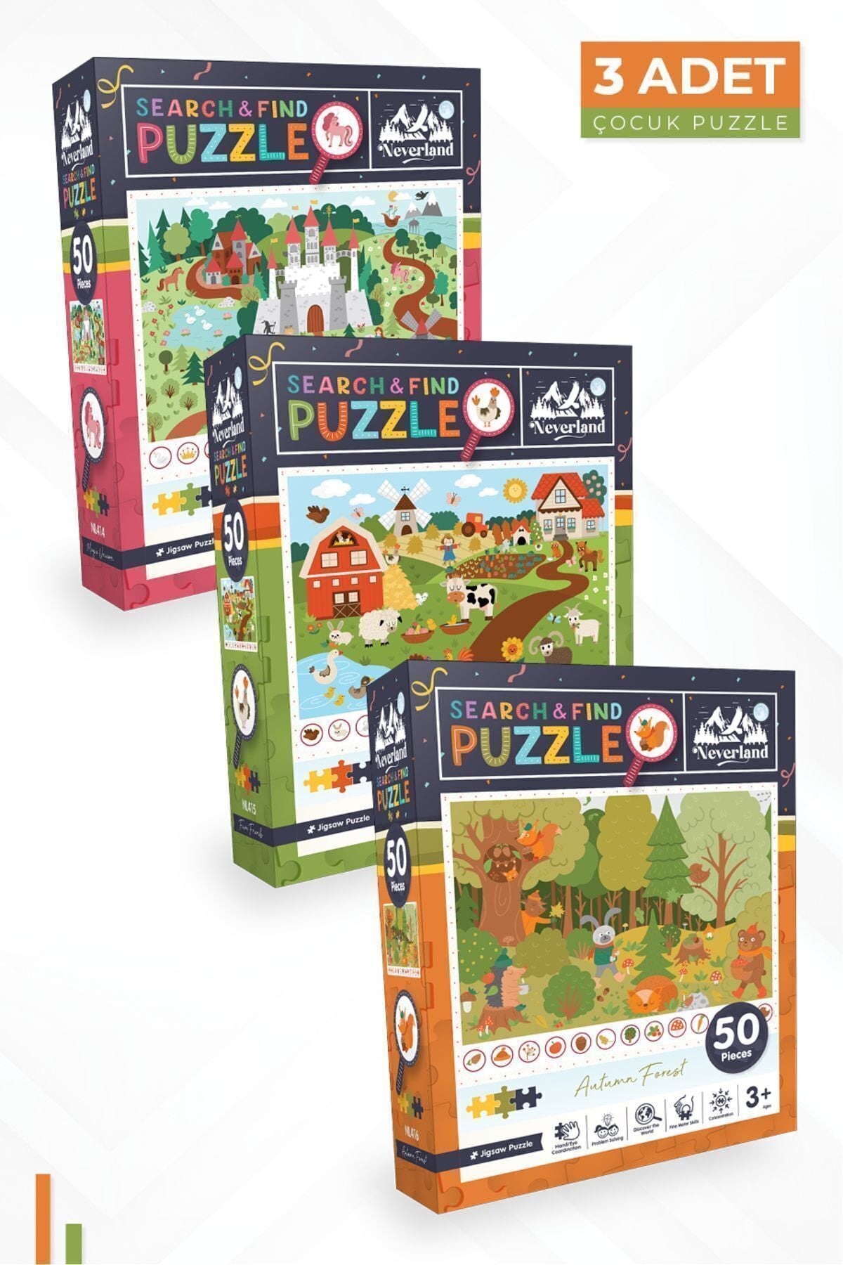 3'lü 50 Parça Ara Ve Bul Puzzle - Sihirli Unıcorn Ve Çiftlik Arkadaşları Ve Sonbahar Ormanı