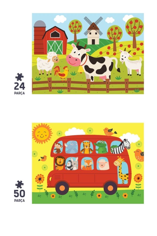 2'li Çocuk Puzzle - 24 Parça Çiftlik Hayvanları Ve 50 Parça Hayvanlarla Otobüs