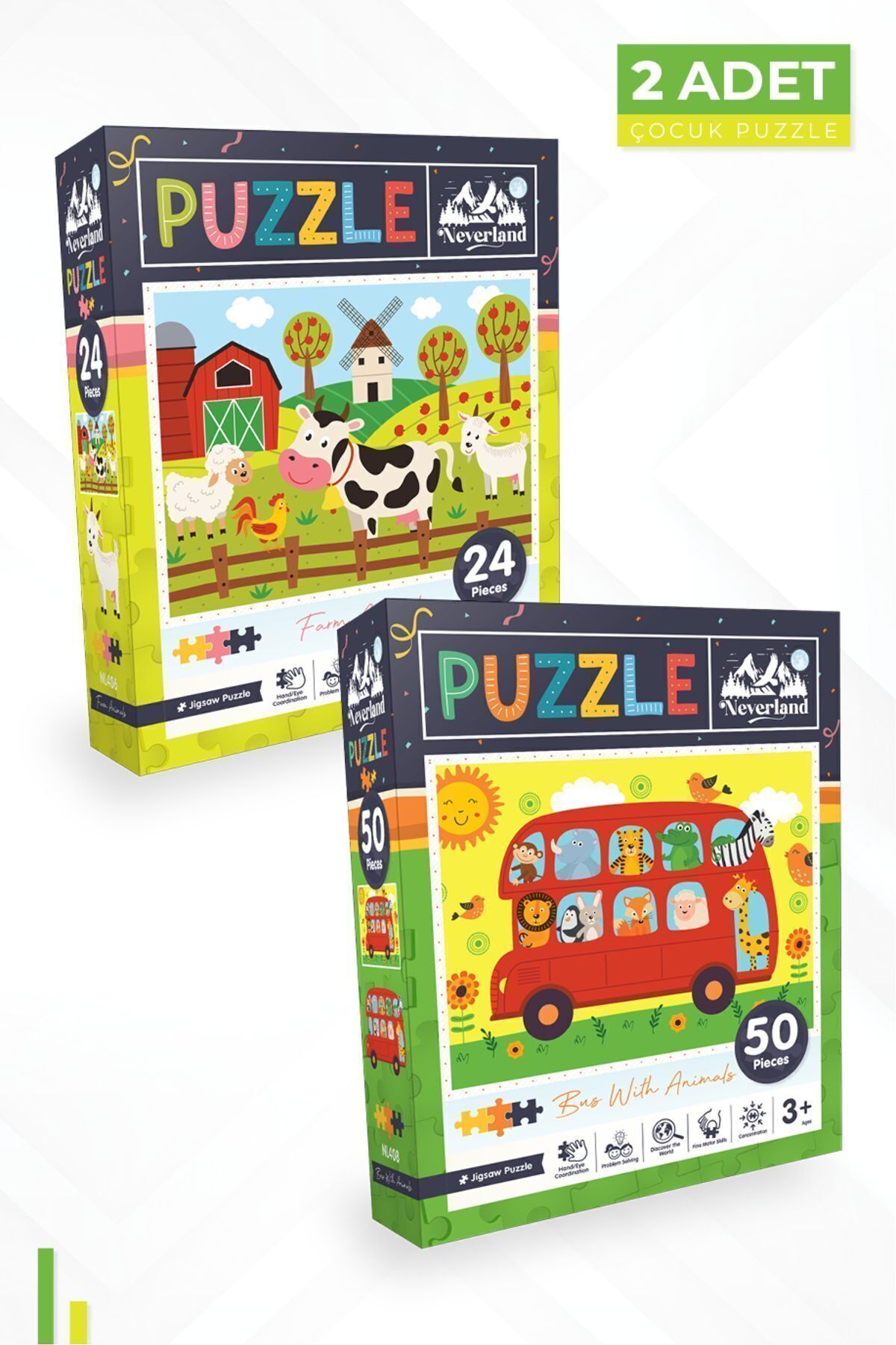 2'li Çocuk Puzzle - 24 Parça Çiftlik Hayvanları Ve 50 Parça Hayvanlarla Otobüs