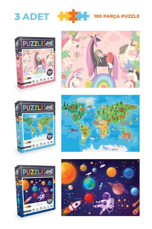 12'li Çocuk Puzzle Set - 3 Adet 24 Parça 6 Adet 50 Parça 3 Adet 100 Parça