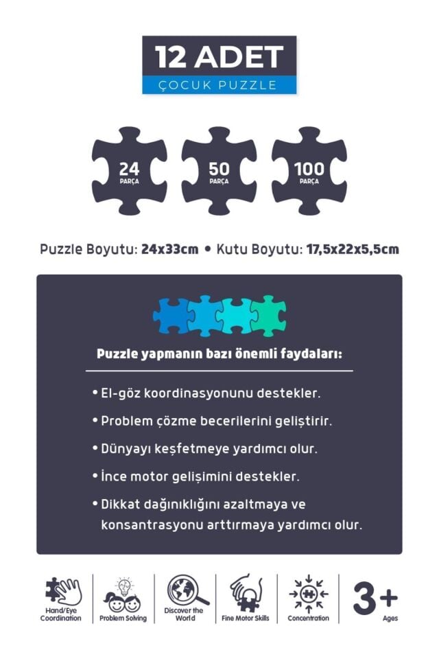 12'li Çocuk Puzzle Set - 3 Adet 24 Parça 6 Adet 50 Parça 3 Adet 100 Parça