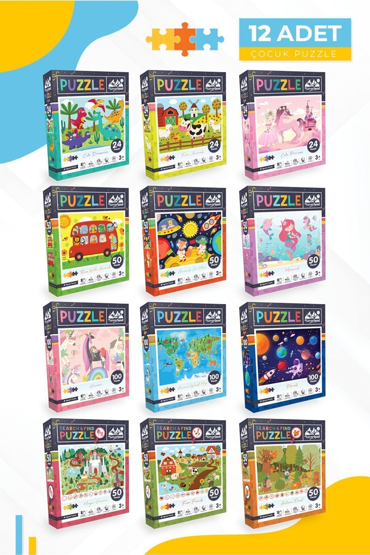 12'li Çocuk Puzzle Set - 3 Adet 24 Parça 6 Adet 50 Parça 3 Adet 100 Parça