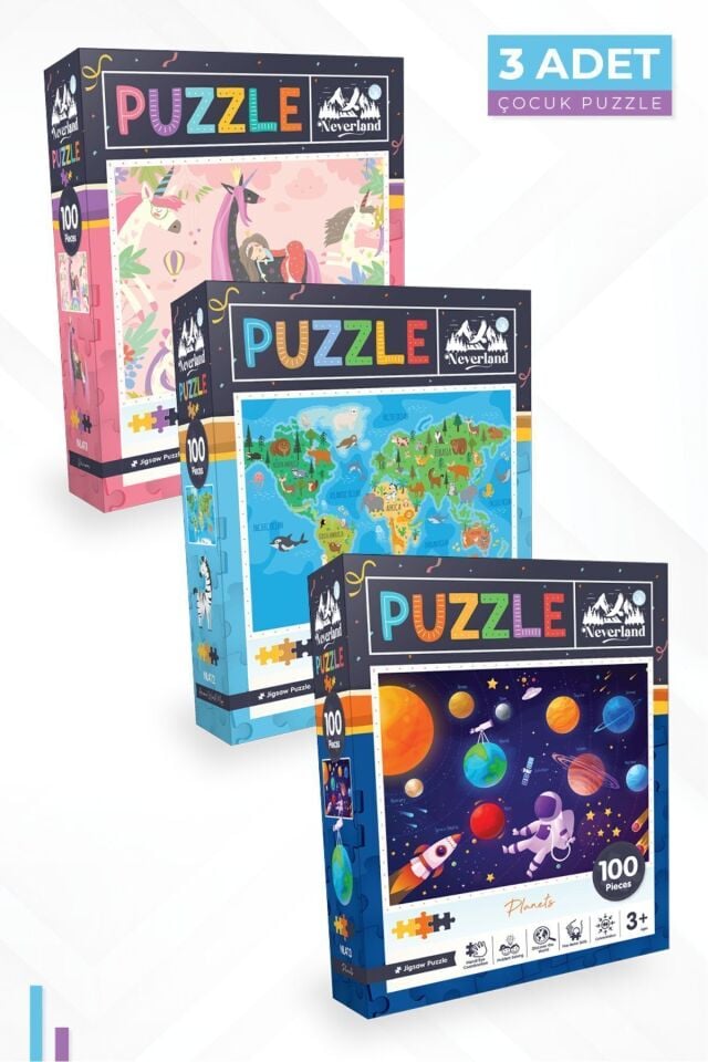 3'lü Çocuk Puzzle - 100 Parça Unıcorn Ve Hayvan Dünya Haritası Ve Gezegenler
