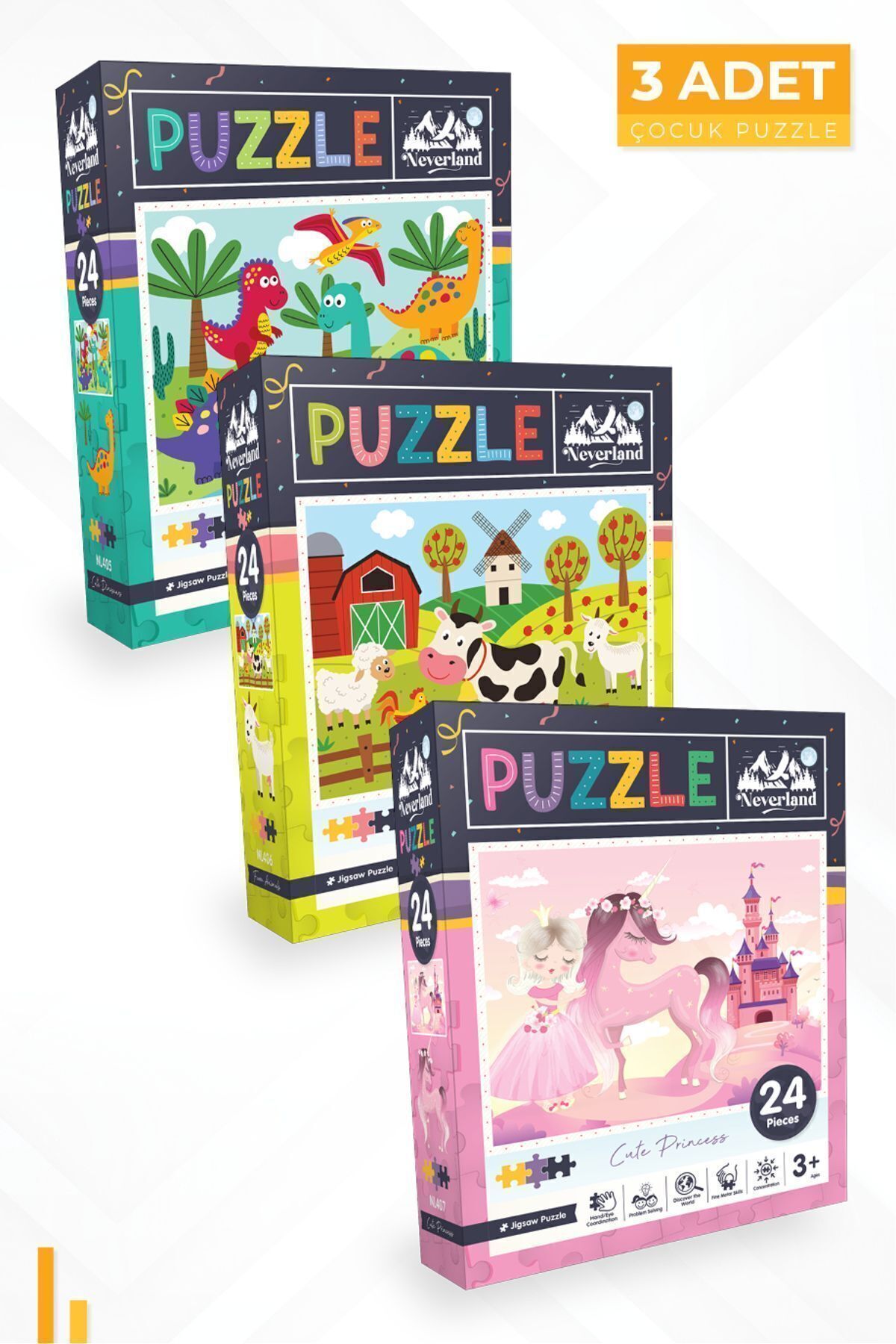 3'lü Çocuk Puzzle - 24 Parça Sevimli Dinozorlar Ve Çiftlik Hayvanları Ve Sevimli Prenses