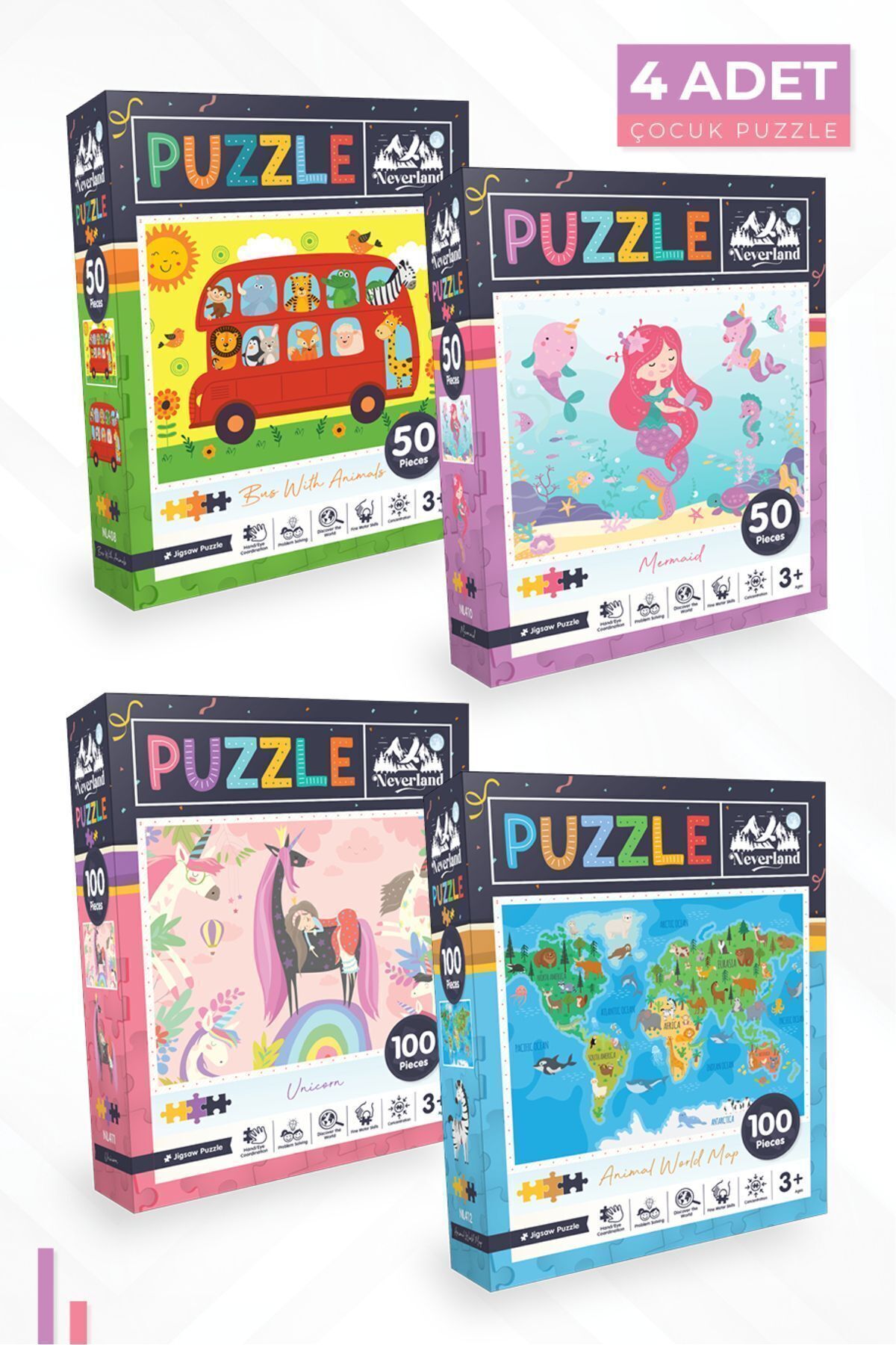 4'lü Çocuk Puzzle - 50 P.hayvanlarla Otobüs Ve Deniz Kızı Ve 100 P. Unıcorn Ve Hayvan Dünya Haritası
