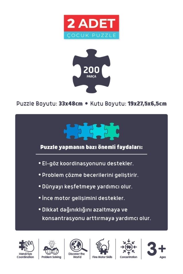 2 ADET PUZZLE - 200 PARÇA TÜRKİYE HARİTASI PUZZLE ve 200 PARÇA DÜNYA HARİTASI  PUZZLE