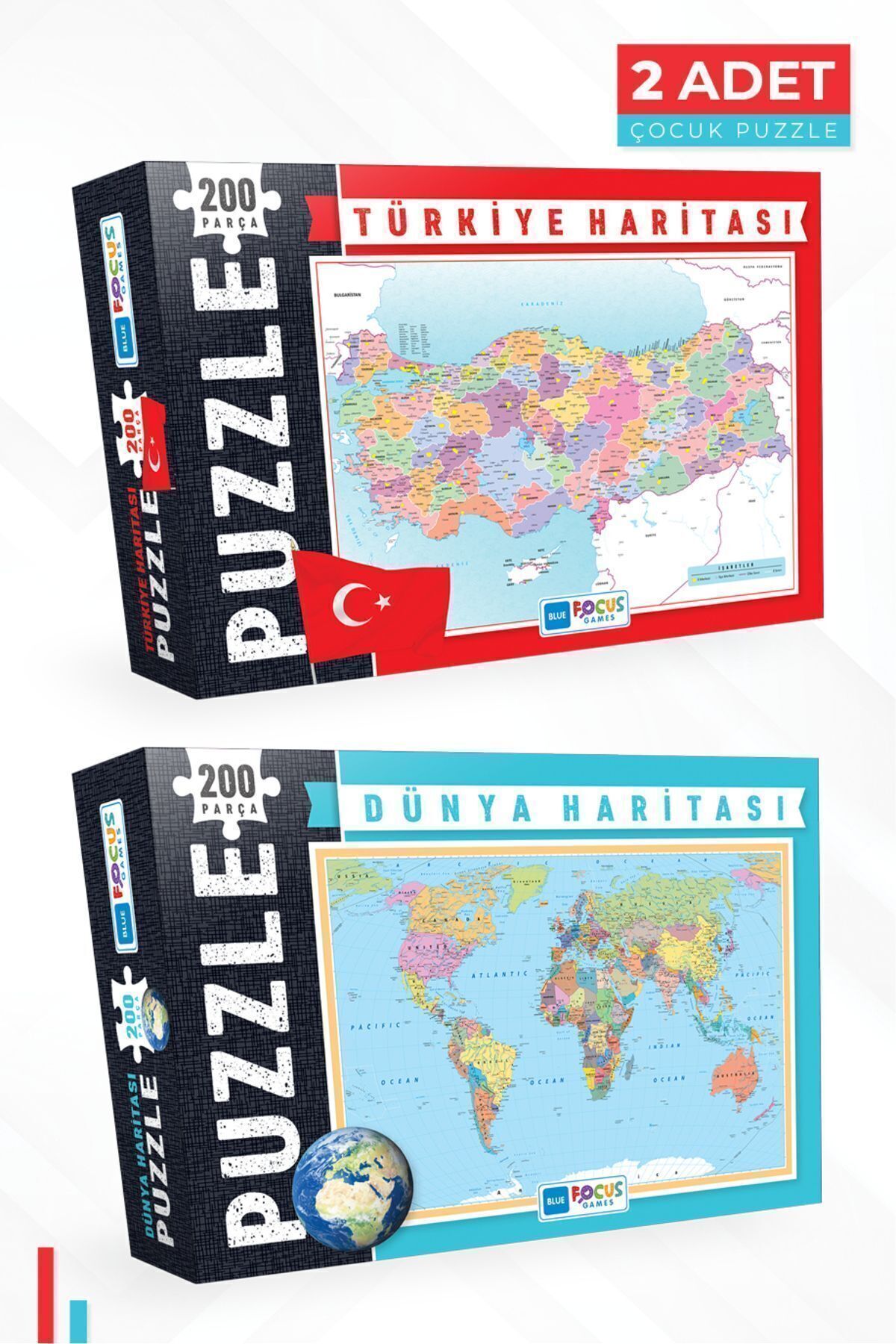 2 ADET PUZZLE - 200 PARÇA TÜRKİYE HARİTASI PUZZLE ve 200 PARÇA DÜNYA HARİTASI  PUZZLE