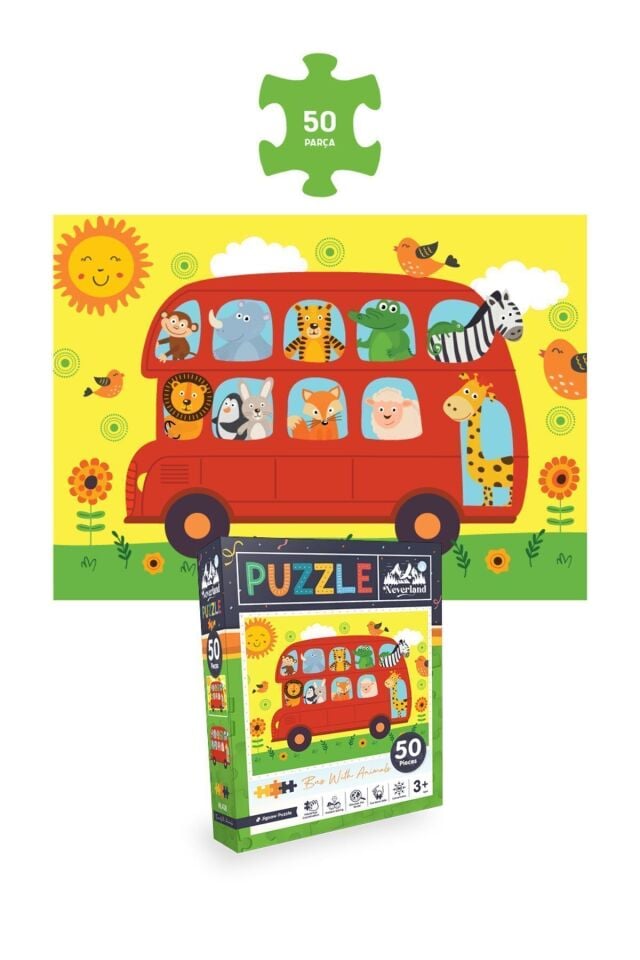 3 ADET PUZZLE - 24 P.SEVİMLİ DİNOZORLAR ve 50 P. HAYVANLARLA OTOBÜS ve 100 P. HAYVAN DÜNYA HARİTASI
