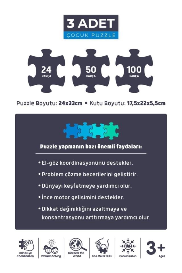 3 ADET PUZZLE - 24 P.SEVİMLİ DİNOZORLAR ve 50 P. HAYVANLARLA OTOBÜS ve 100 P. HAYVAN DÜNYA HARİTASI