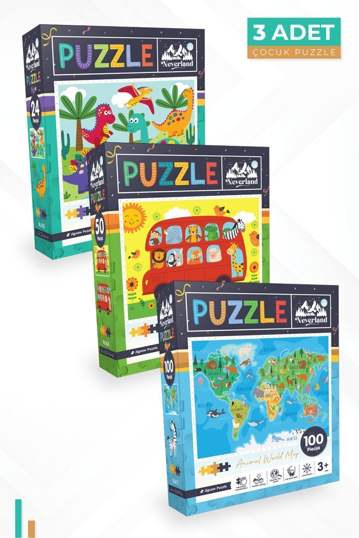 3 ADET PUZZLE - 24 P.SEVİMLİ DİNOZORLAR ve 50 P. HAYVANLARLA OTOBÜS ve 100 P. HAYVAN DÜNYA HARİTASI
